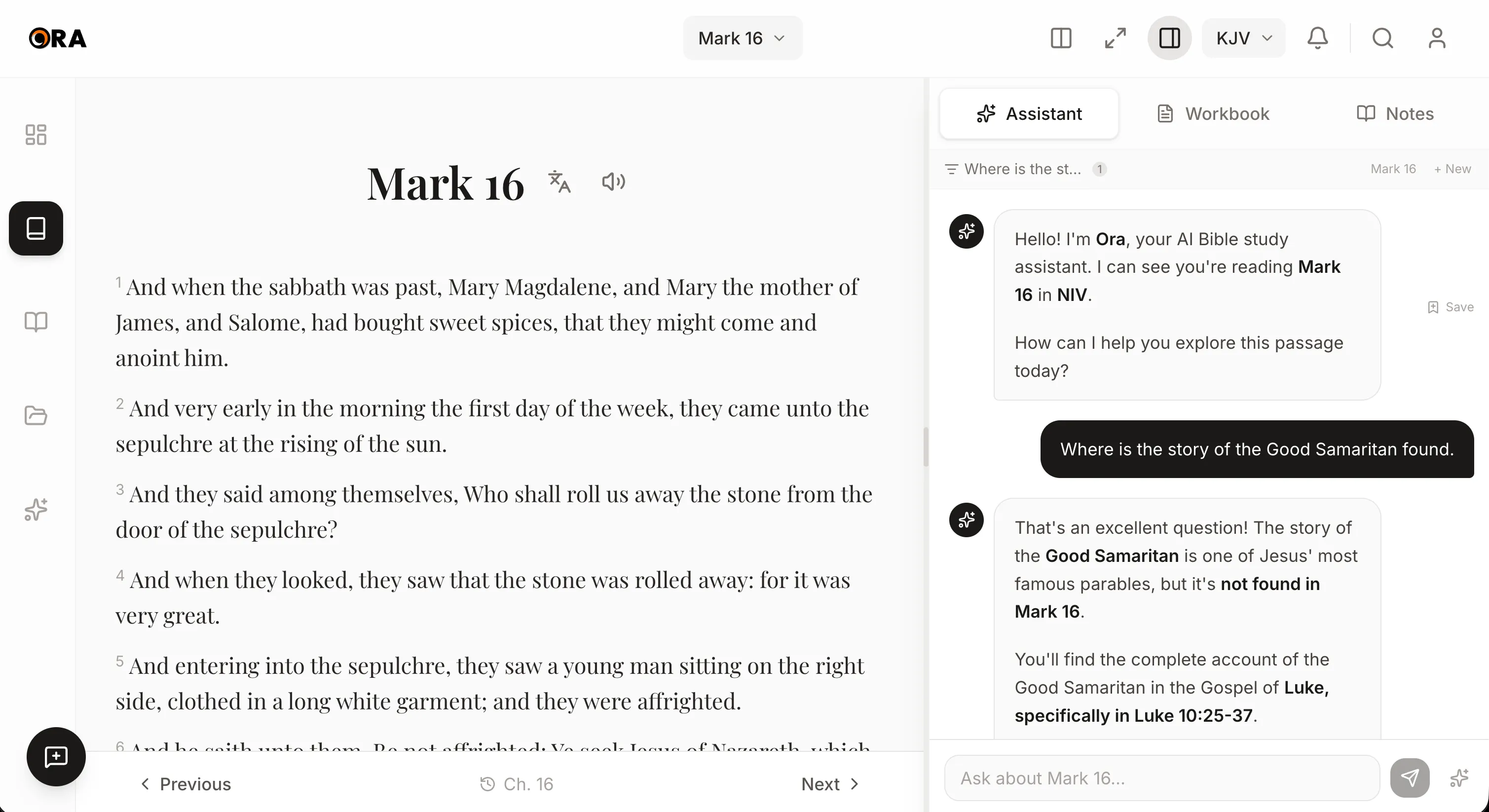 Ora on the web: the AI assistant noting the Good Samaritan is not in Mark 16 and pointing to Luke 10:25-37