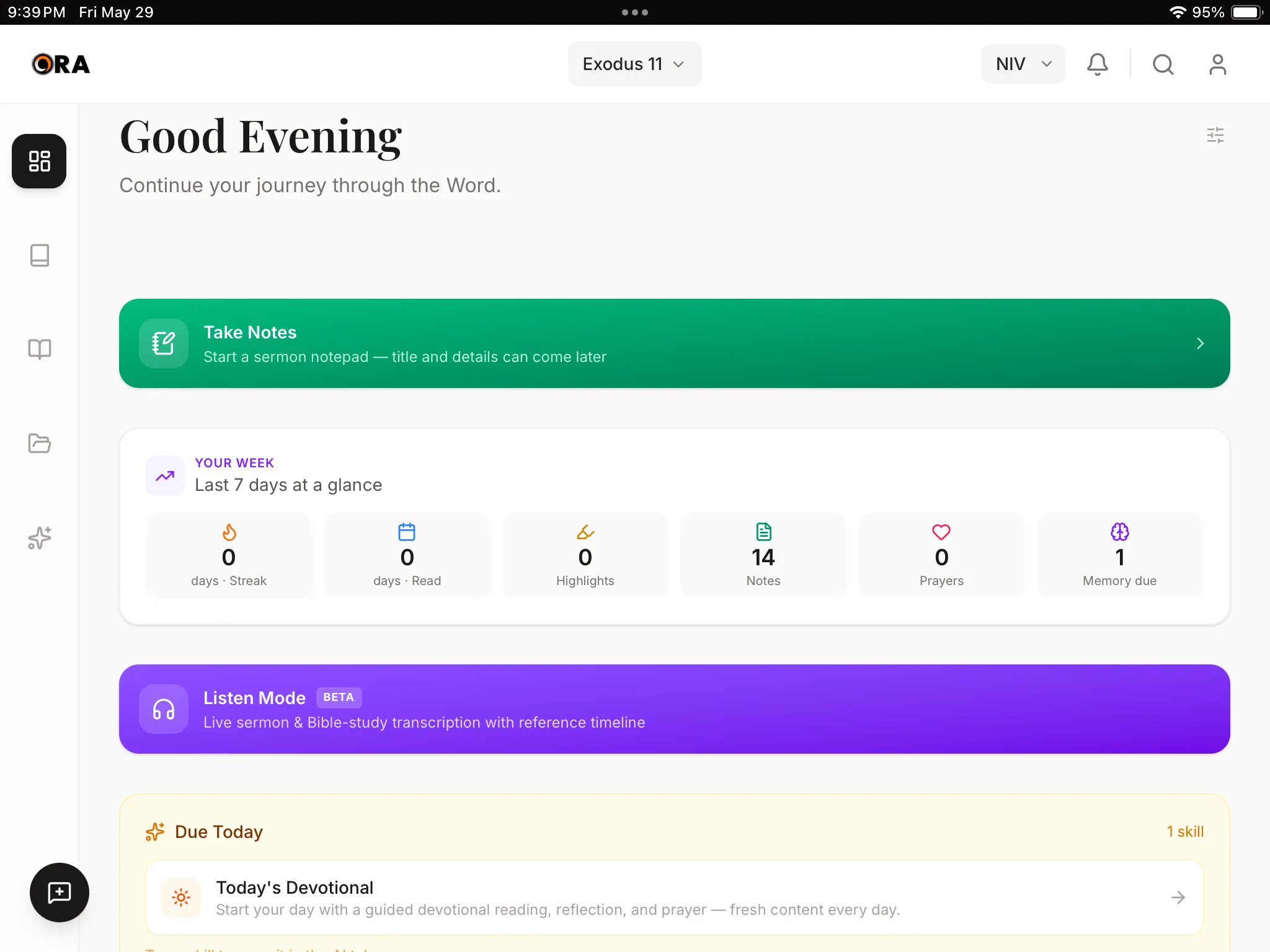 Ora home dashboard on iPad
