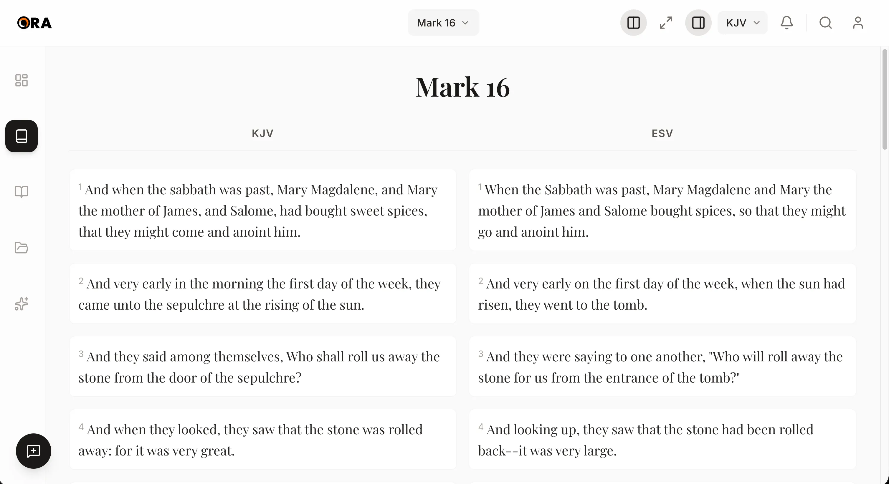 Ora on the web: reading Mark 16 in parallel translations (KJV and ESV side by side)