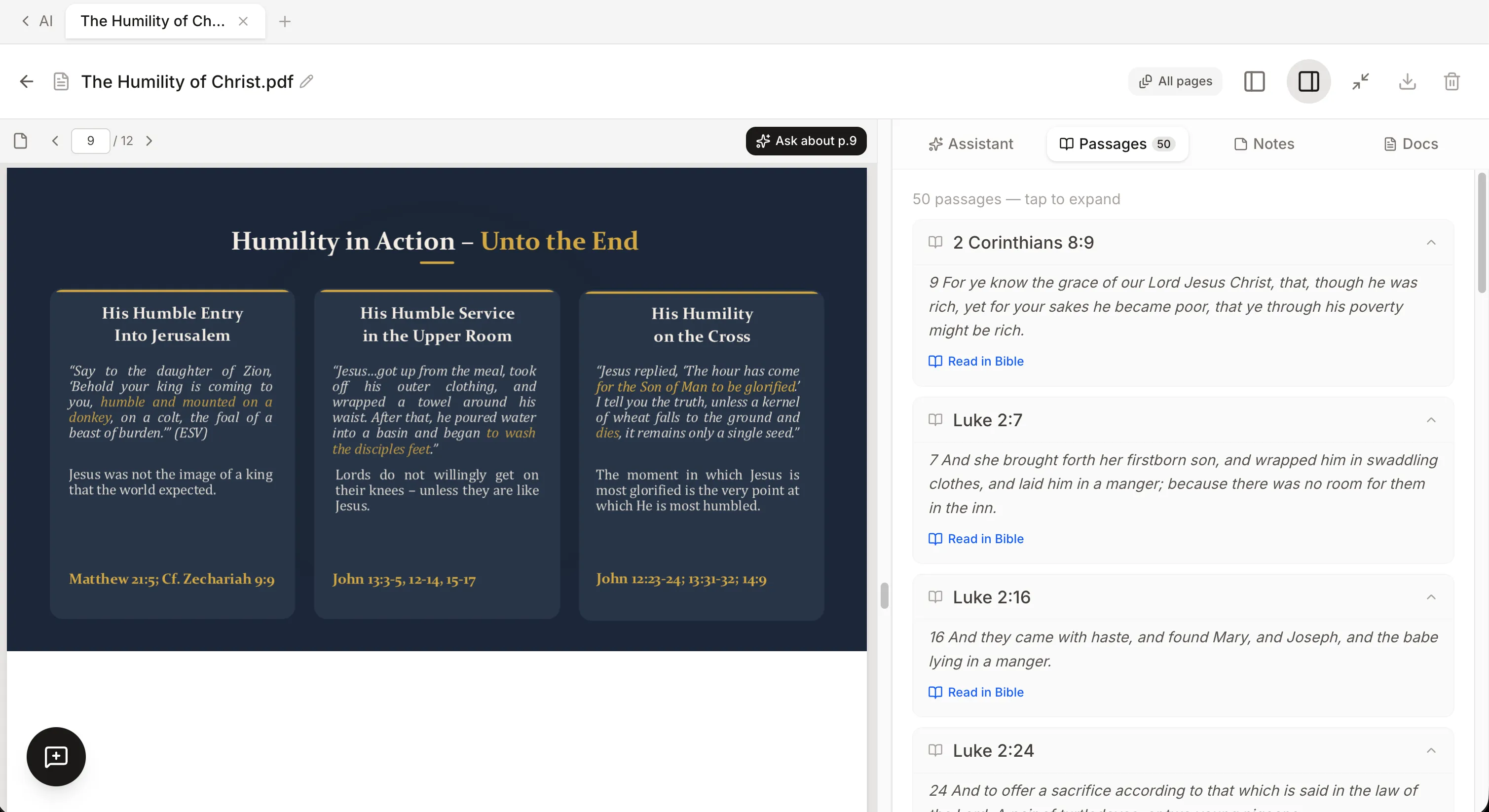 Ora extracting every Bible passage referenced in a PDF, with links to read each in the Bible