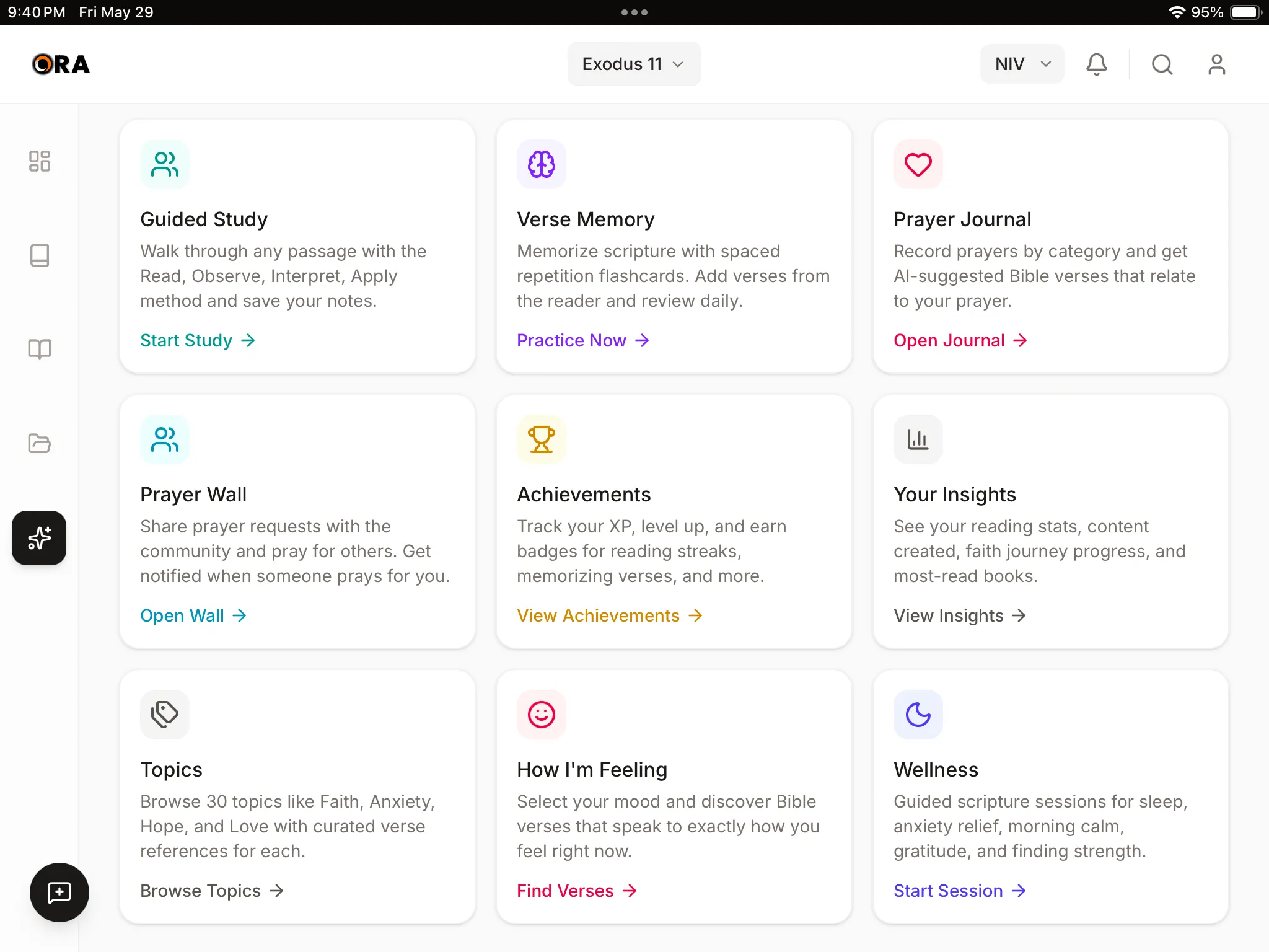 Ora's study tools grid on iPad