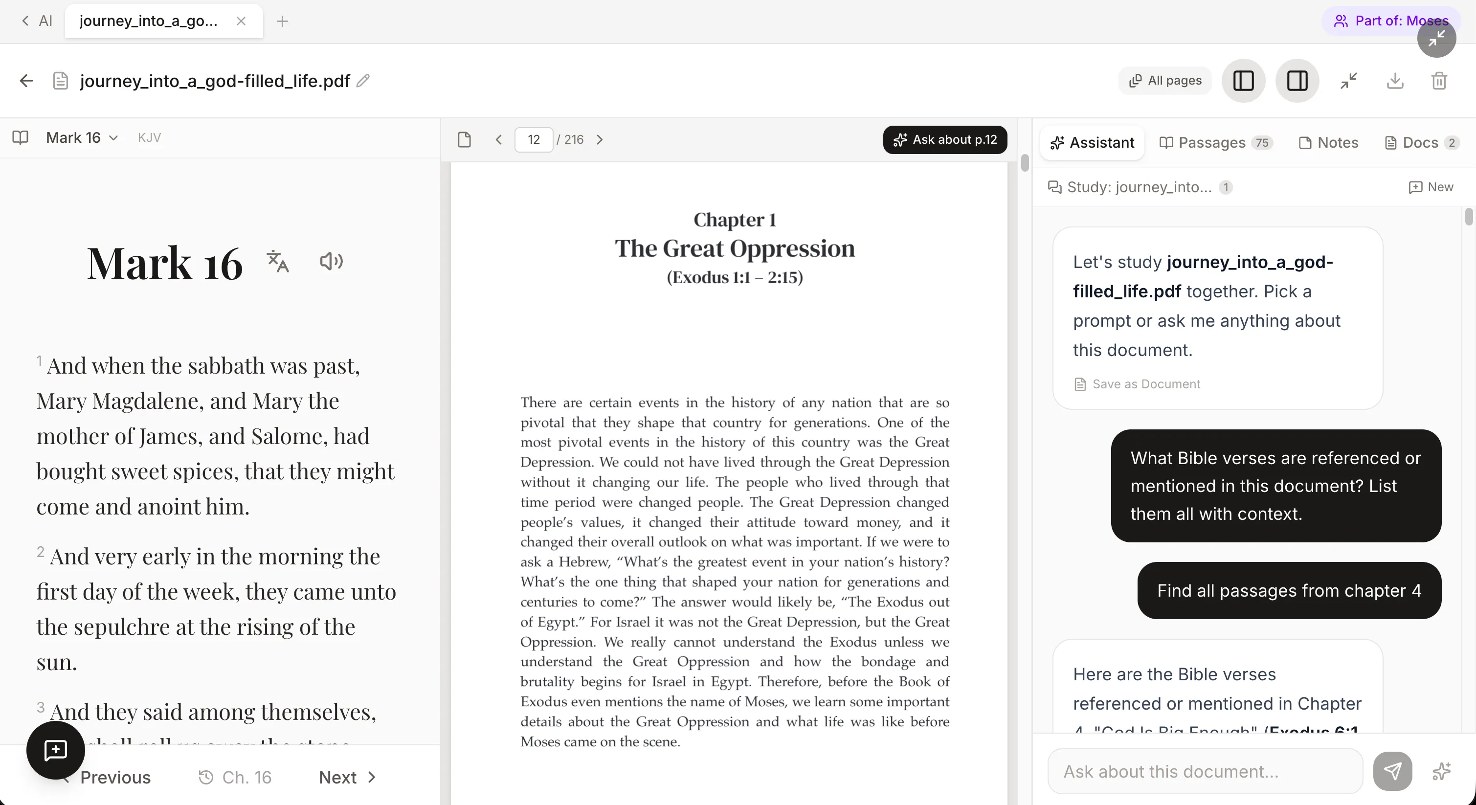 Ora Study Workbook on the web: a PDF open beside the AI assistant